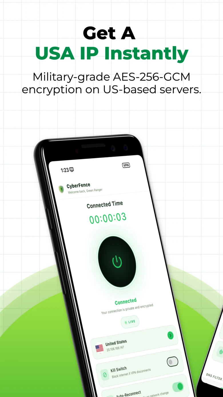 CyberFence VPN connected on Android — Connected Time 00:00:03, United States