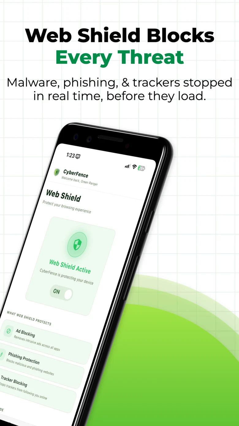CyberFence Web Shield active on Android — Ad Blocking, Phishing Protection, Tracker Blocking
