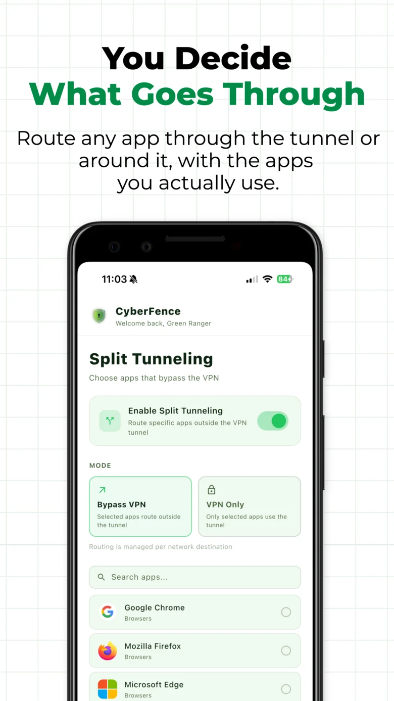 CyberFence Split Tunneling on Android — real app icons, Bypass VPN and VPN Only modes
