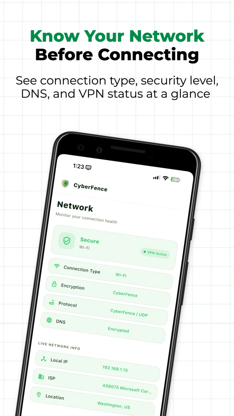 CyberFence Network Monitor on Android — Secure Wi-Fi, VPN Active, Encrypted DNS, CyberFence/UDP protocol