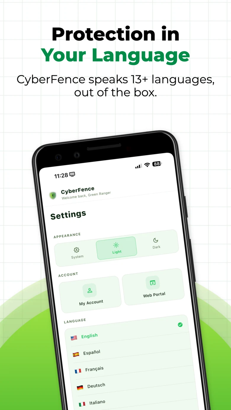 CyberFence Android — Settings with 13 languages including English, Español, Français, Deutsch