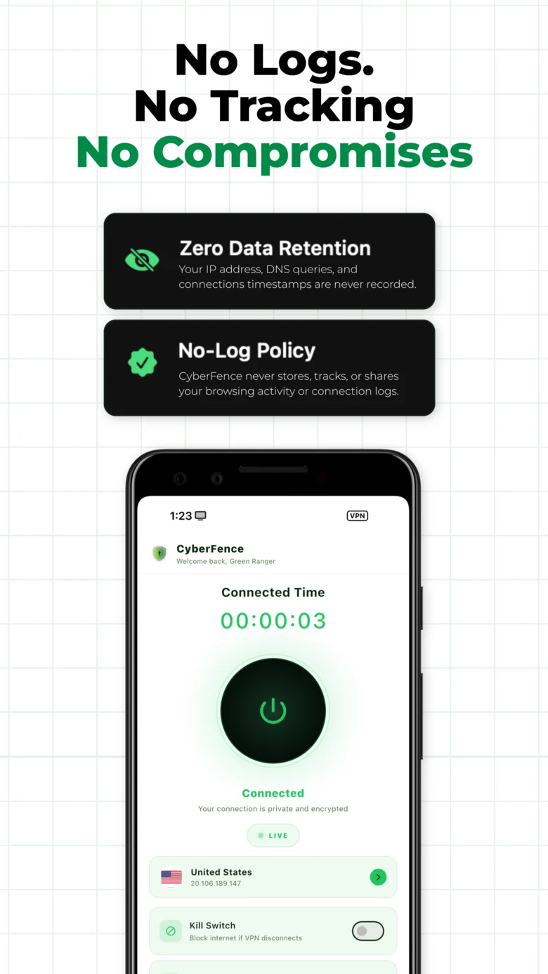 CyberFence Android — Zero Data Retention and No-Log Policy confirmation screen