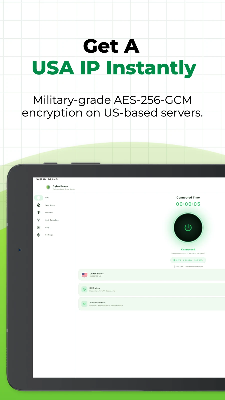 CyberFence Android Tablet — VPN connected to United States with sidebar navigation showing VPN, Web Shield, Network, Split Tunneling, Blog, Settings