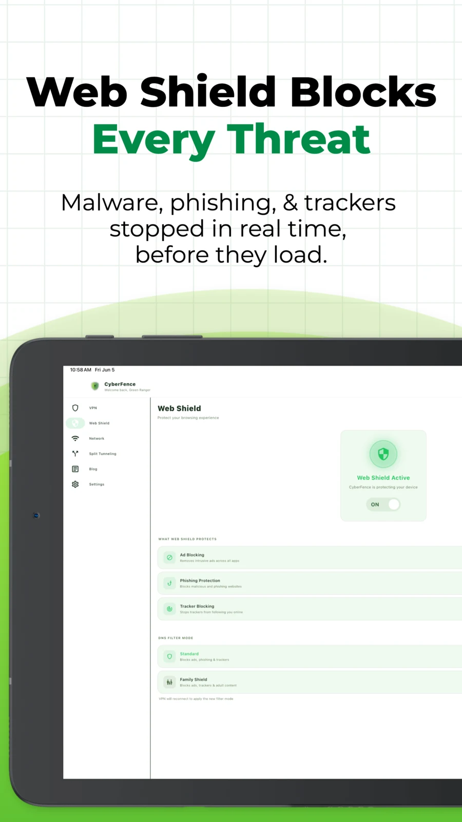 CyberFence Android Tablet — Web Shield Active with Ad Blocking, Phishing Protection, Tracker Blocking, Standard and Family Shield modes
