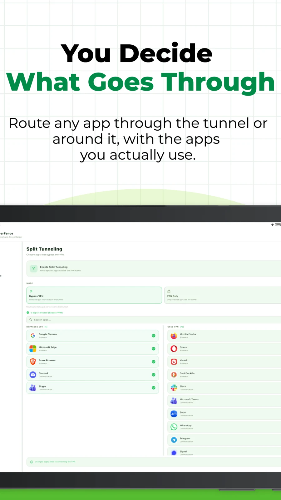 CyberFence Android Tablet — Split Tunneling two-column layout, Bypass VPN and VPN Only modes with real app icons