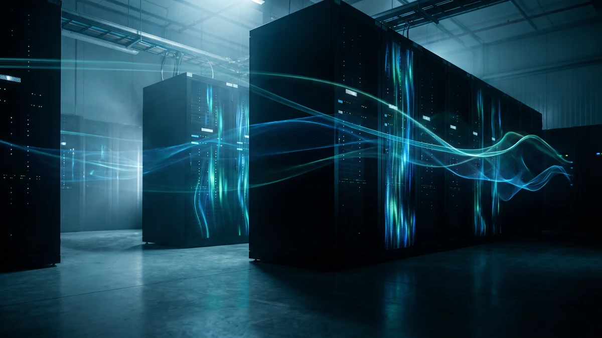 Dark data center with glowing blue and teal light streams flowing between server racks, symbolizing autonomous AI activity