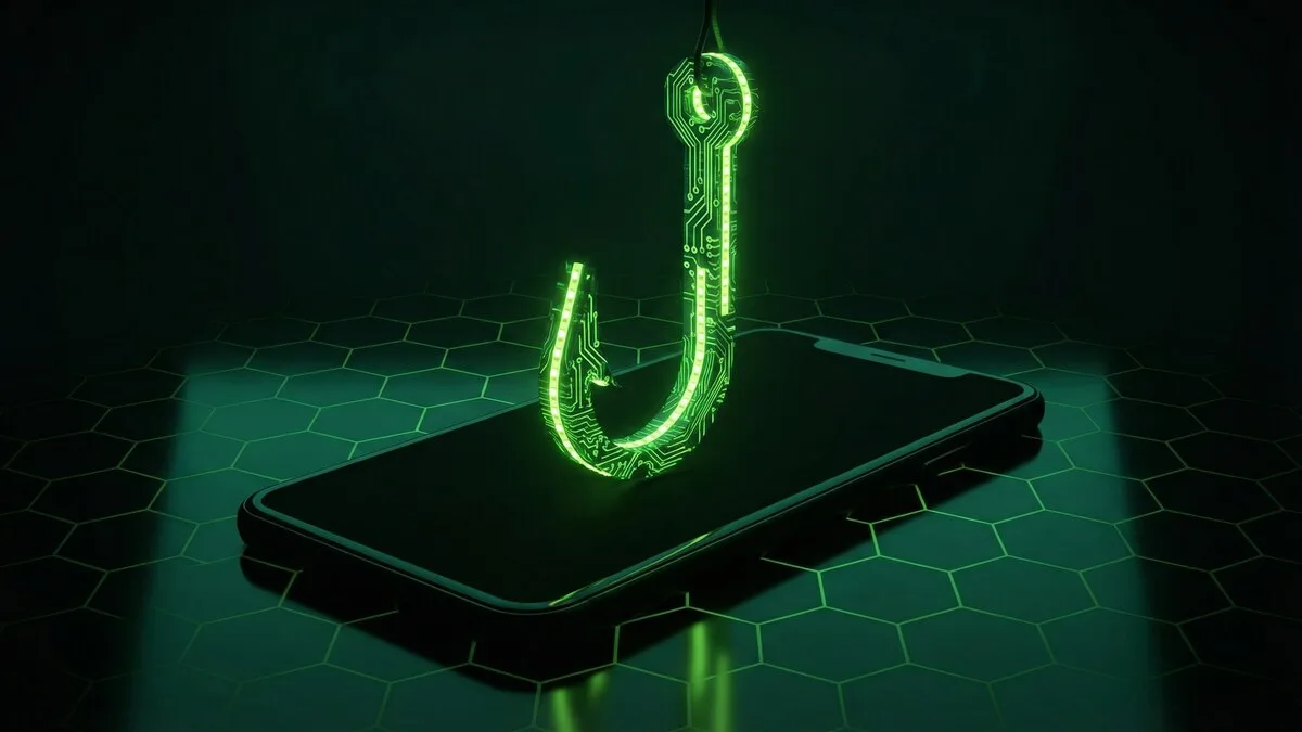 Glowing AI neural network with a fishing hook in a dark server room with red warning alerts