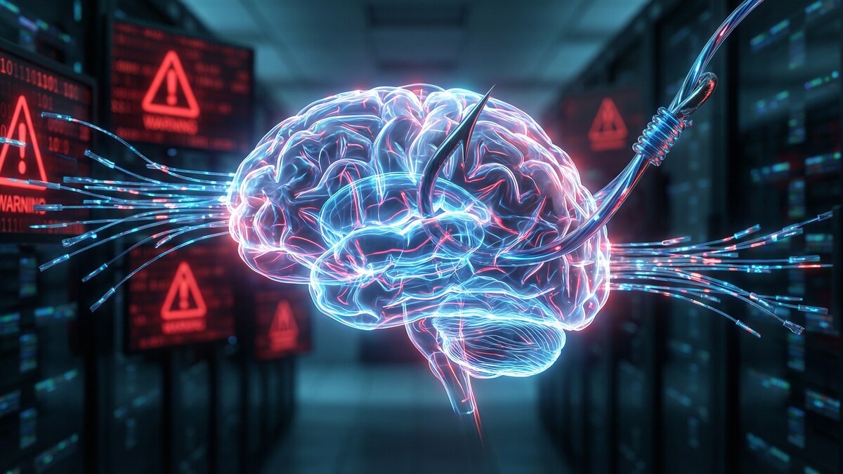 Glowing AI neural network with a fishing hook in a dark server room with red warning alerts