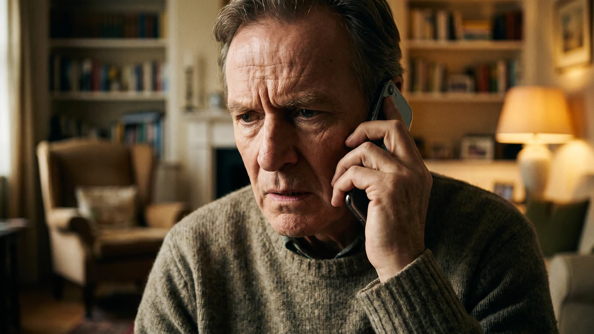 Older man with a worried expression holding a smartphone to his ear in a softly lit living room, representing the moment of receiving a suspicious phone call