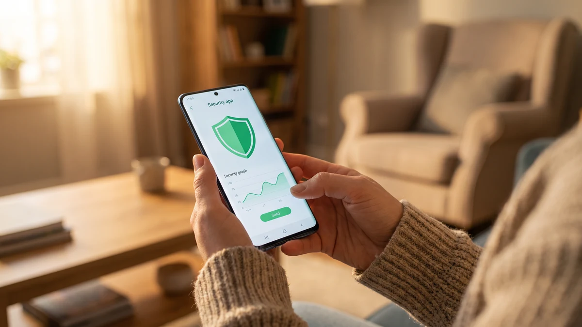 Hands holding a modern Android smartphone displaying a green shield security dashboard