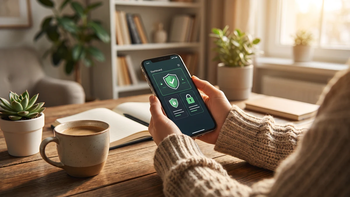 Hands holding an iPhone showing a clean cybersecurity dashboard with green shield icons on a wooden desk with morning light