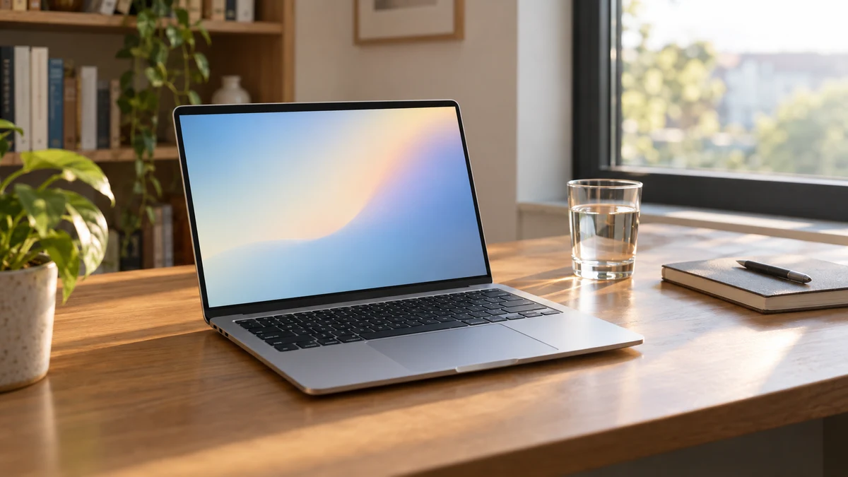 A silver laptop open on a wooden desk beside a glass of water and a notebook in warm morning light