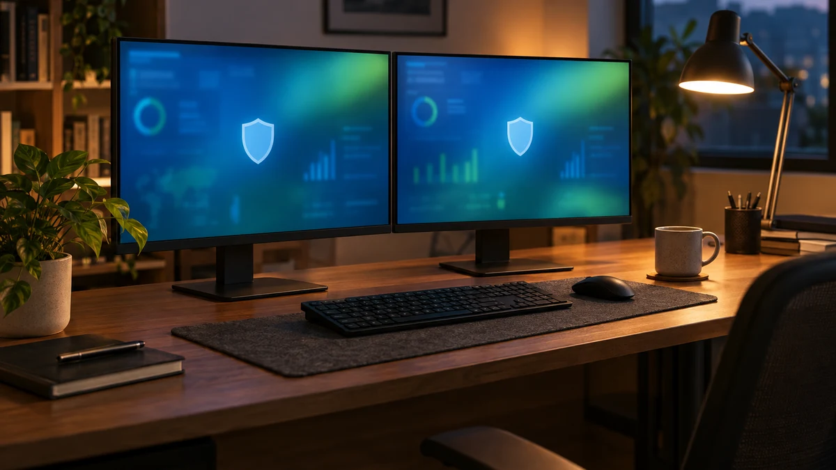 A home-office desk with two monitors showing a blurred blue and green security dashboard with a shield icon, lit by a warm desk lamp in the evening