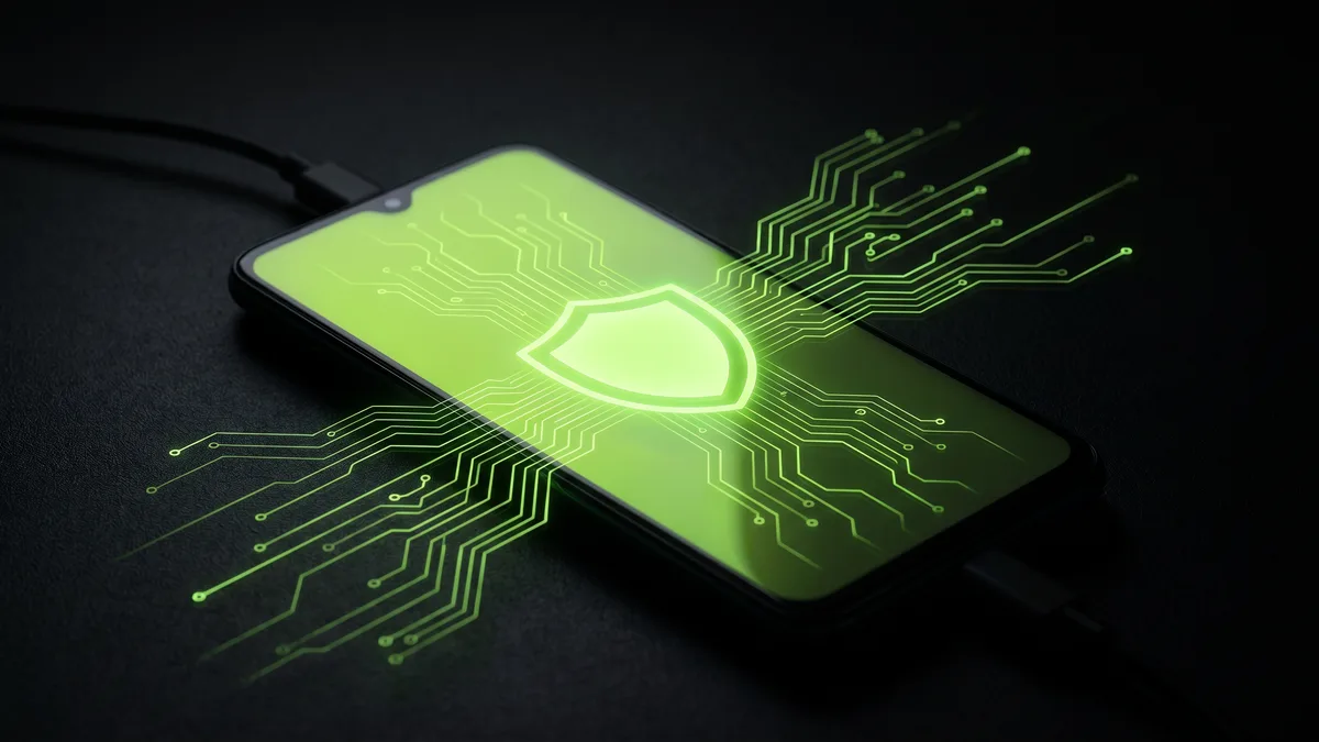Android smartphone with glowing green cybersecurity shield and circuit board encryption patterns