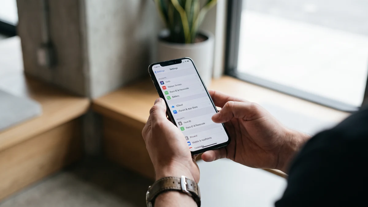 Person holding iPhone displaying iOS Settings menu with Security and Privacy options visible, minimal modern background with plant and window, wearing leather watch