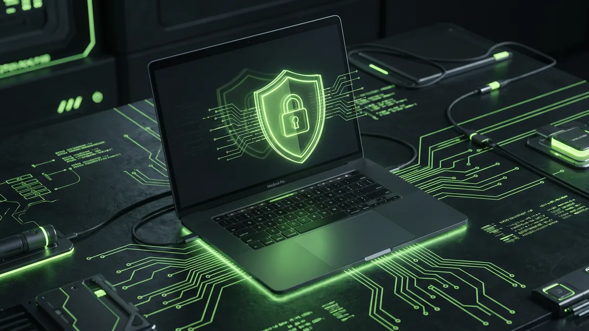 MacBook laptop with glowing green cybersecurity shield and circuit board patterns on dark background