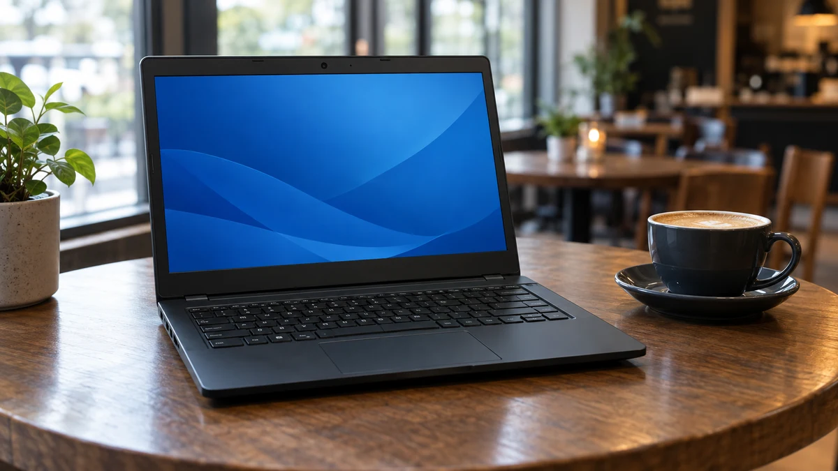 A black business laptop with a blue desktop wallpaper on a cafe table next to a coffee cup