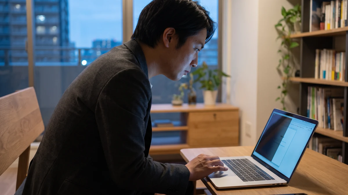 Man in dark blazer focused on laptop screen in blue-lit modern apartment at dusk with city lights visible through window and bookshelf beside him