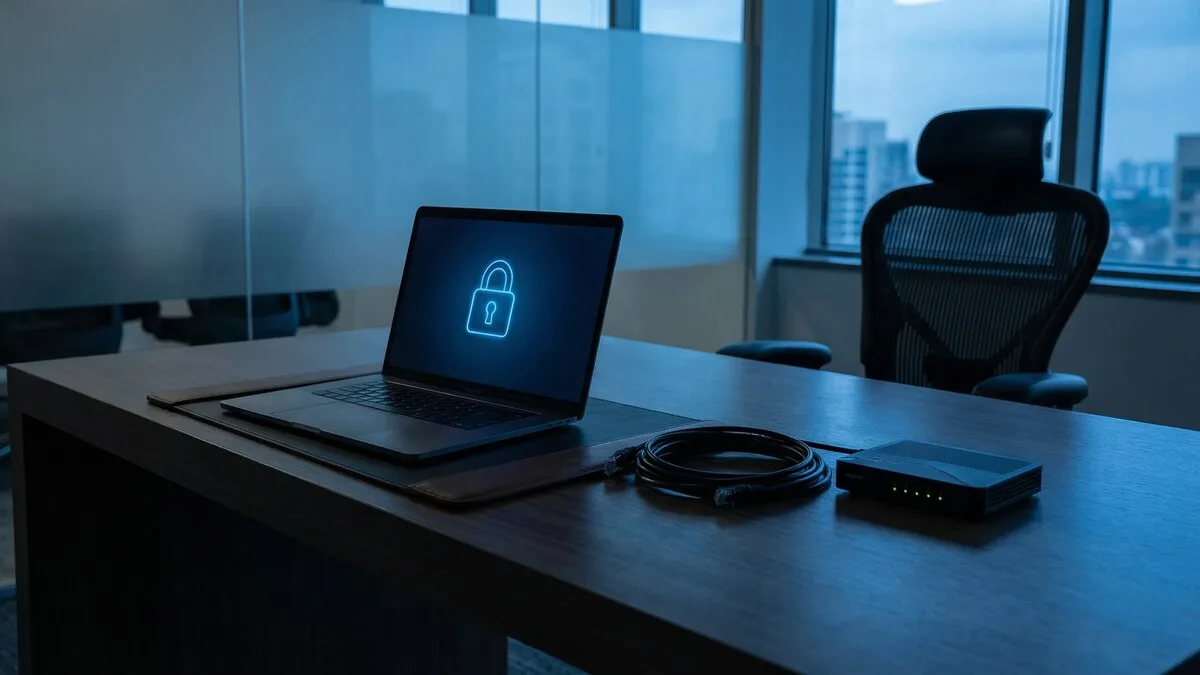 Employee using personal smartphone at office desk with laptop and work applications in background