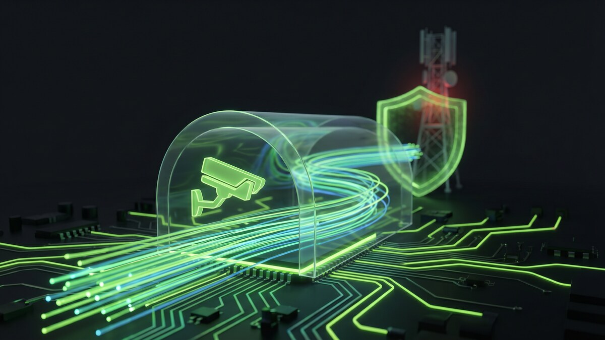 Surveillance camera inside encrypted data tunnel on circuit board with ISP tower and security shield in background