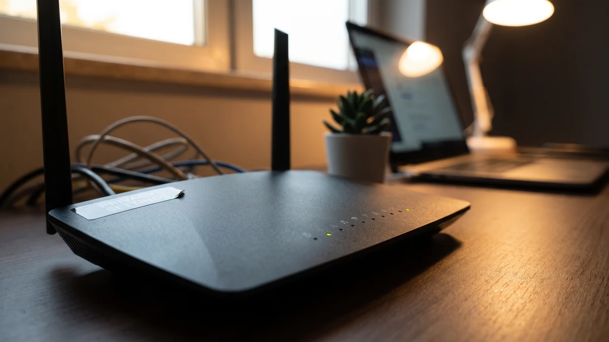 Home internet router on desk with laptop in background, warm ambient lighting