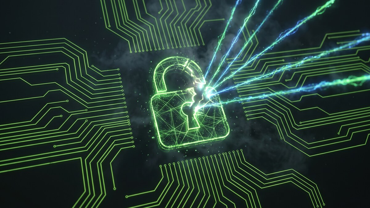 Glowing green cracked padlock on circuit board representing VPN vulnerability