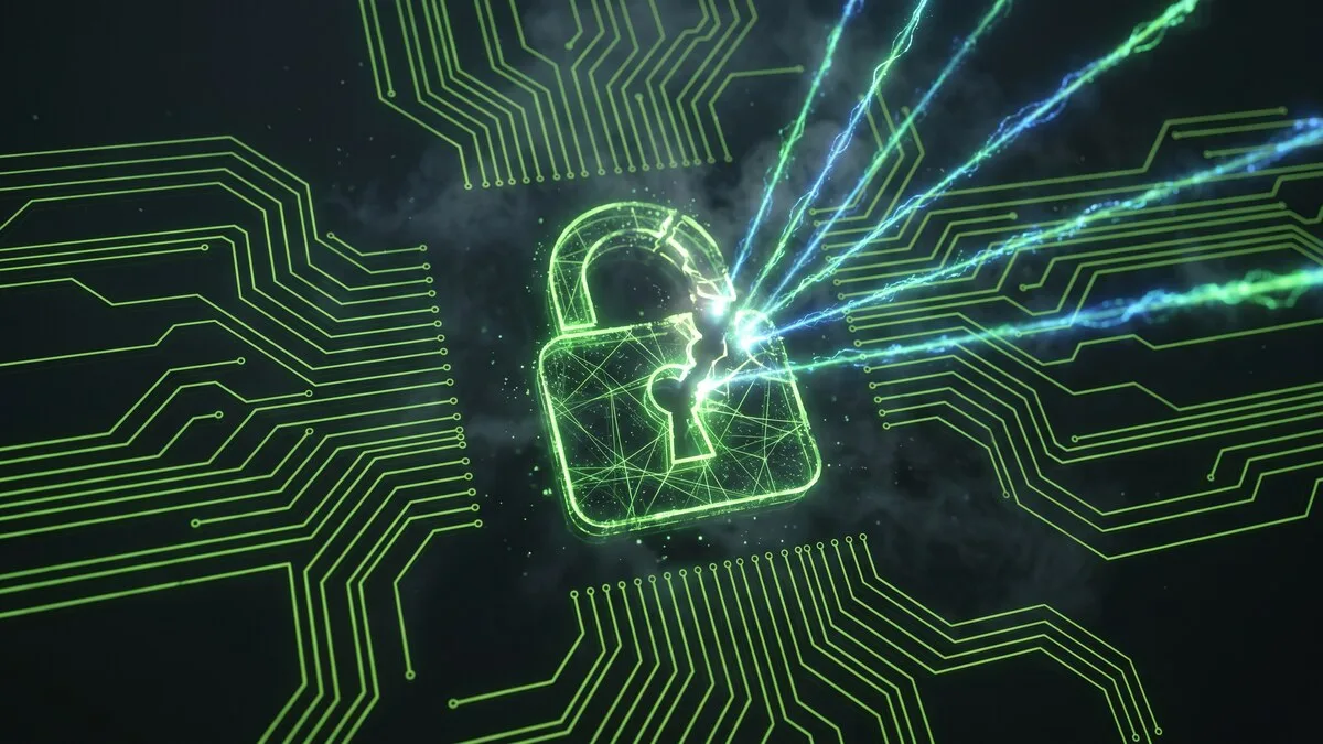 Glowing green cracked padlock on circuit board representing VPN vulnerability