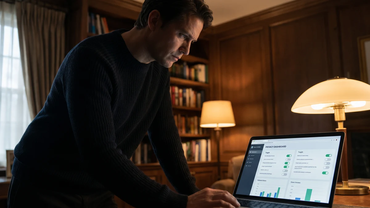 Person reviewing privacy settings on laptop in dimly lit home office