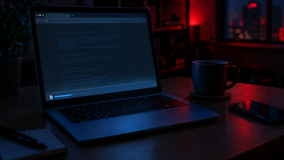 A laptop on a dark home desk with a file download in progress, lit by a faint red glow