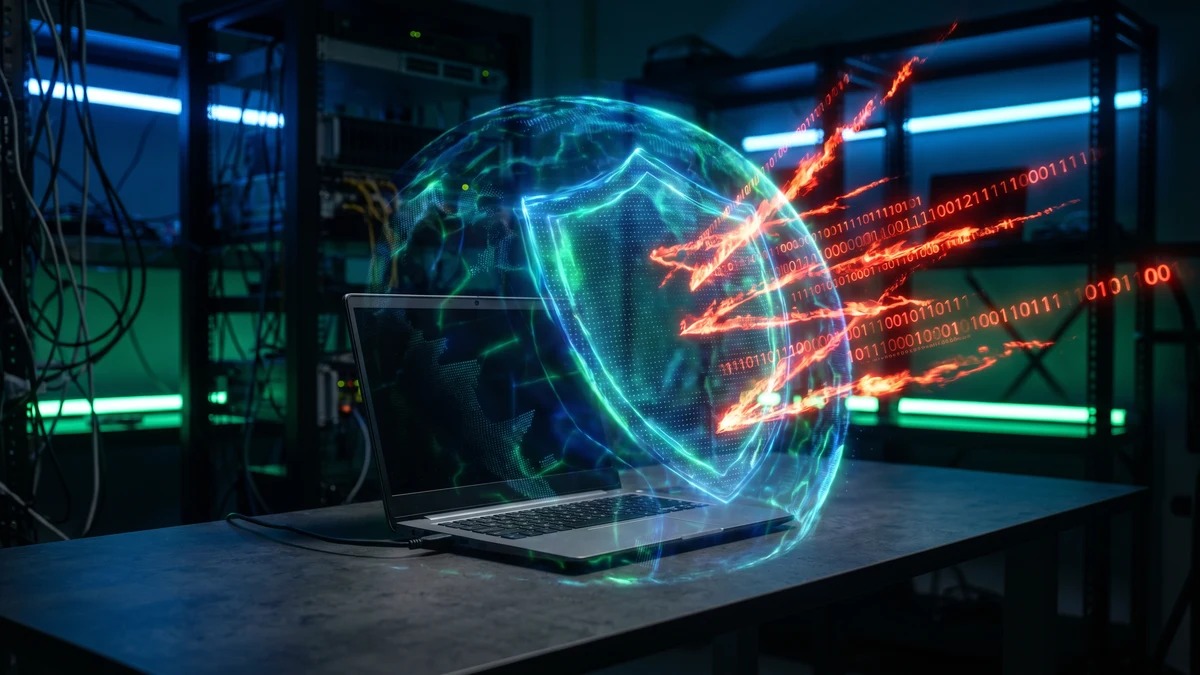 Digital shield blocking ransomware attack on a laptop in a server room