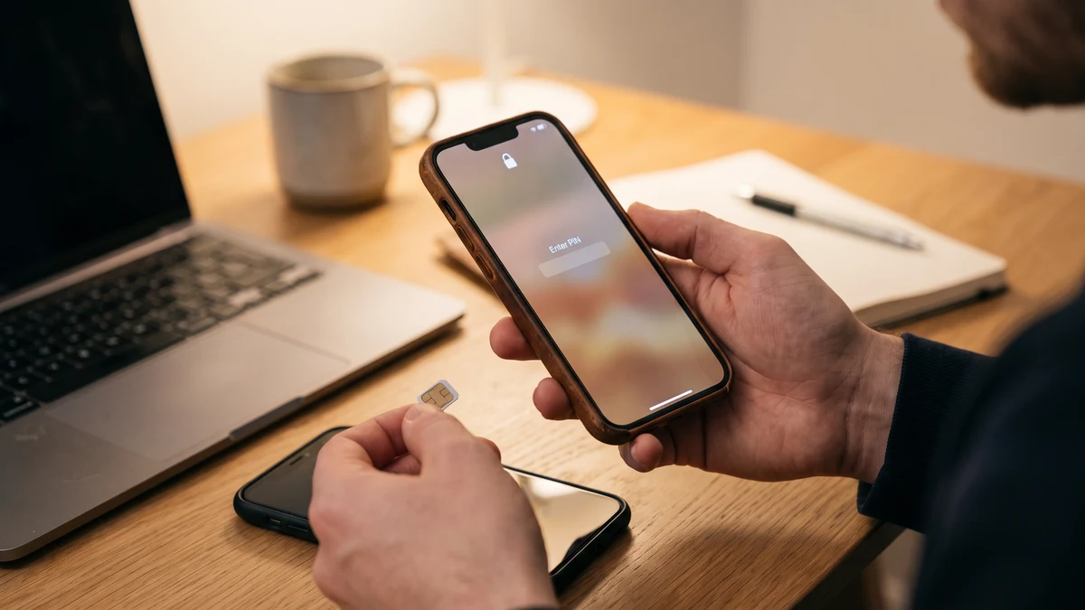 Close-up of hands holding a smartphone with a lock screen next to a removed SIM card on a wooden desk