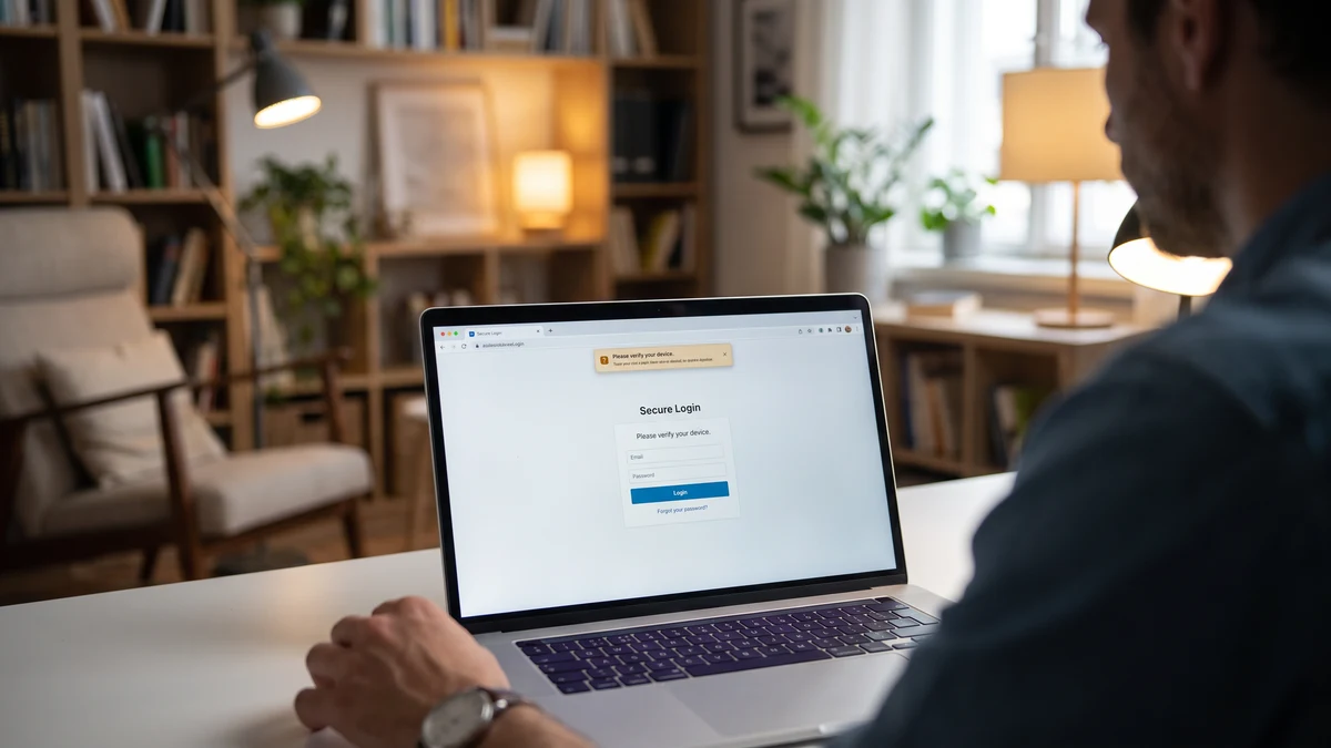 Person at a laptop showing a Secure Login page with a verify-your-device prompt