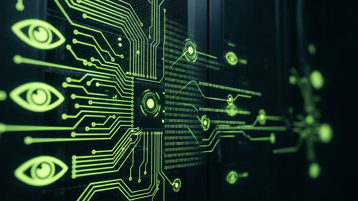 Glowing green surveillance eye icons on dark circuit board representing online tracking and VPN privacy protection