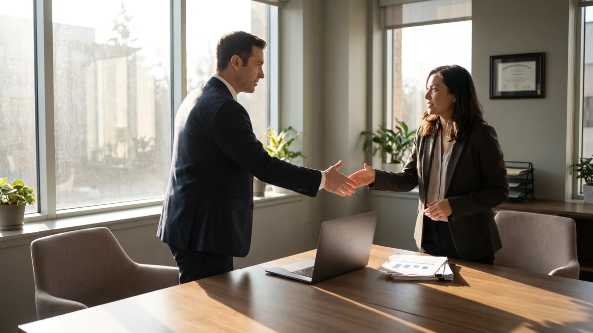 Two business professionals shaking hands over a signed contract in a modern office
