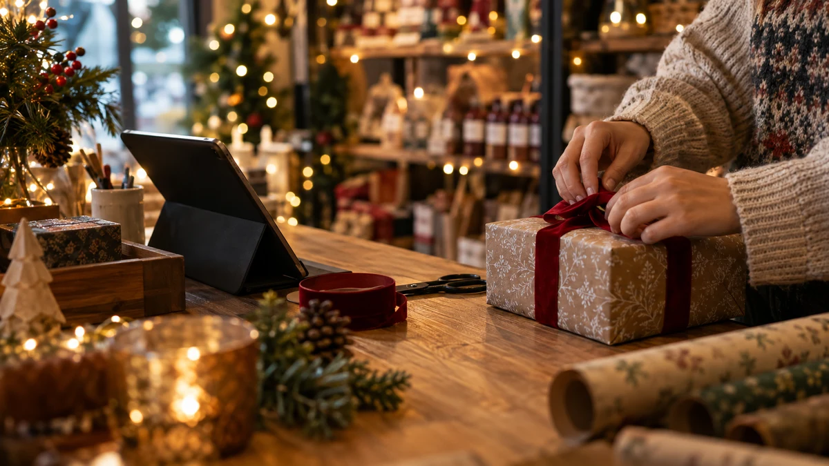 Hands wrapping a gift at a small shop counter decorated with holiday lights, with a tablet on the counter