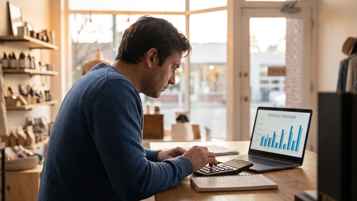 Small business owner reviewing monthly expense costs on a laptop with a calculator