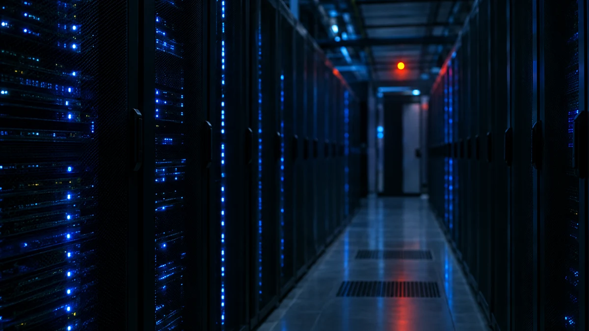 A dark data-center aisle with rows of server racks lit by blue indicator lights and a single red warning light in the distance