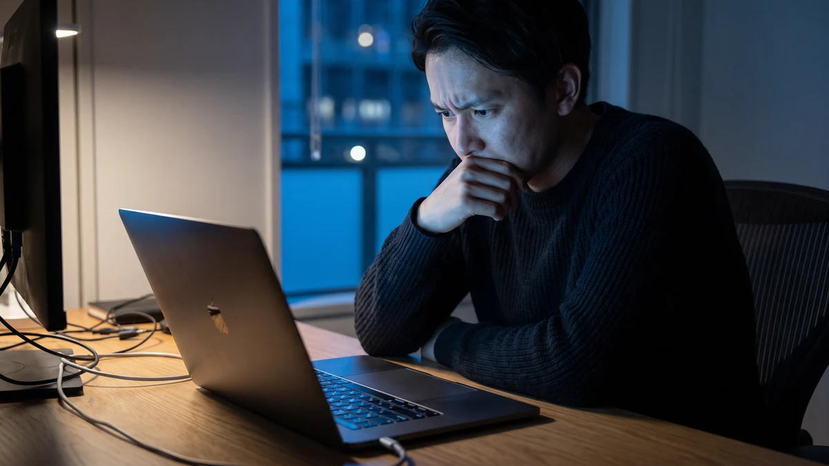 Person in dark sweater staring at laptop screen with concerned expression at night, blue ambient light from screen reflected in dark home office with city lights visible through window