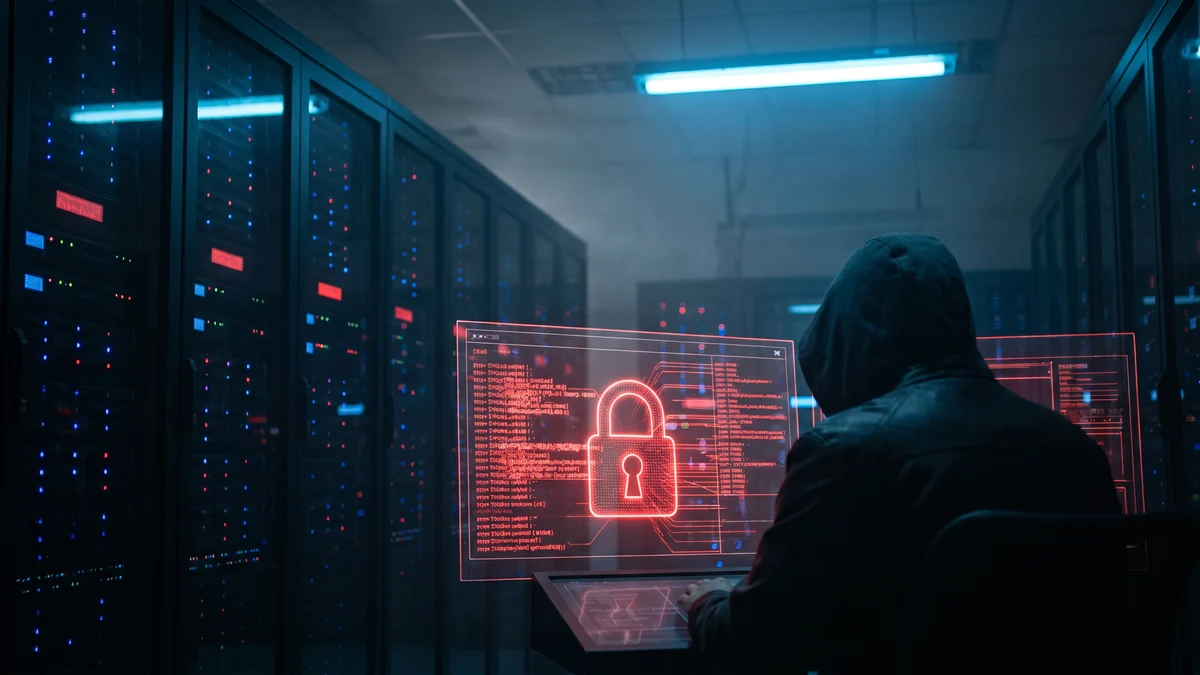 Hooded hacker in server room with glowing red lock interface showing automated login attacks