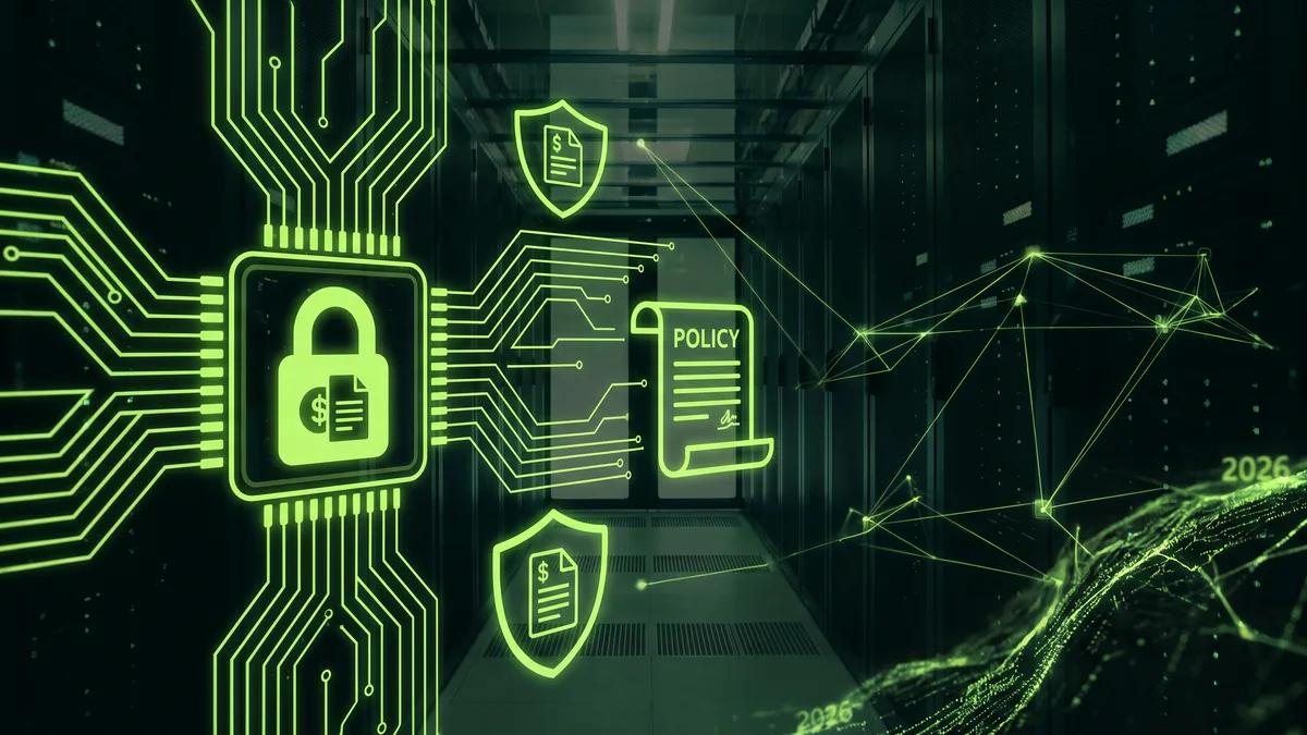 Glowing green digital lock and insurance policy icons on dark circuit board background representing cybersecurity insurance and VPN compliance in 2026