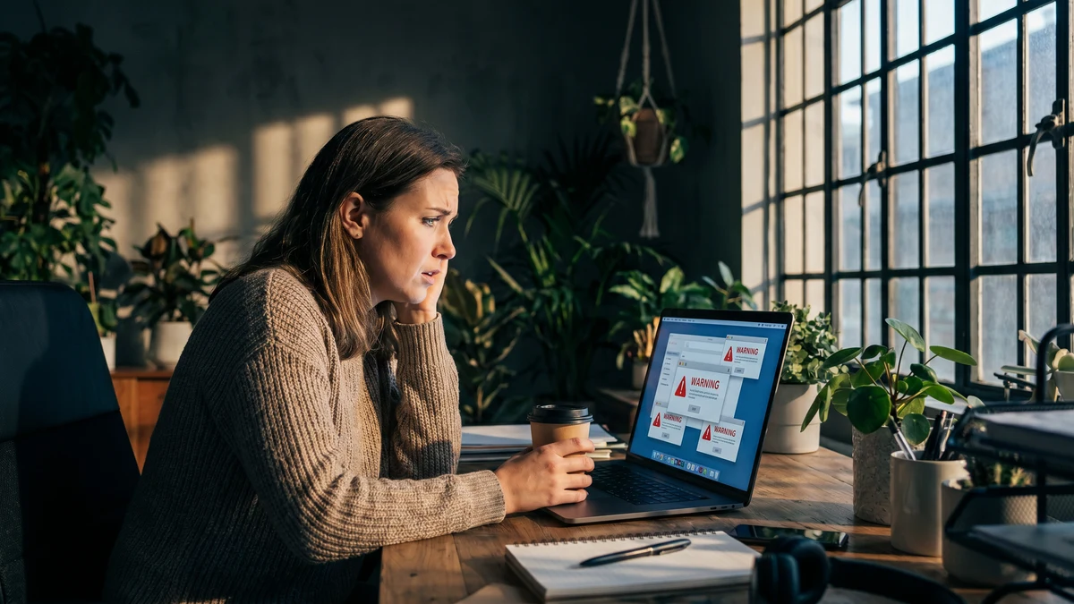 Small business owner looking at laptop with security warning notifications on screen
