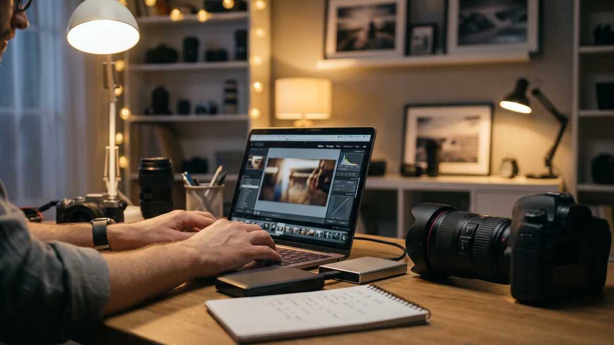 Wedding photographer editing photos on a laptop at a home studio desk with a camera and external hard drives