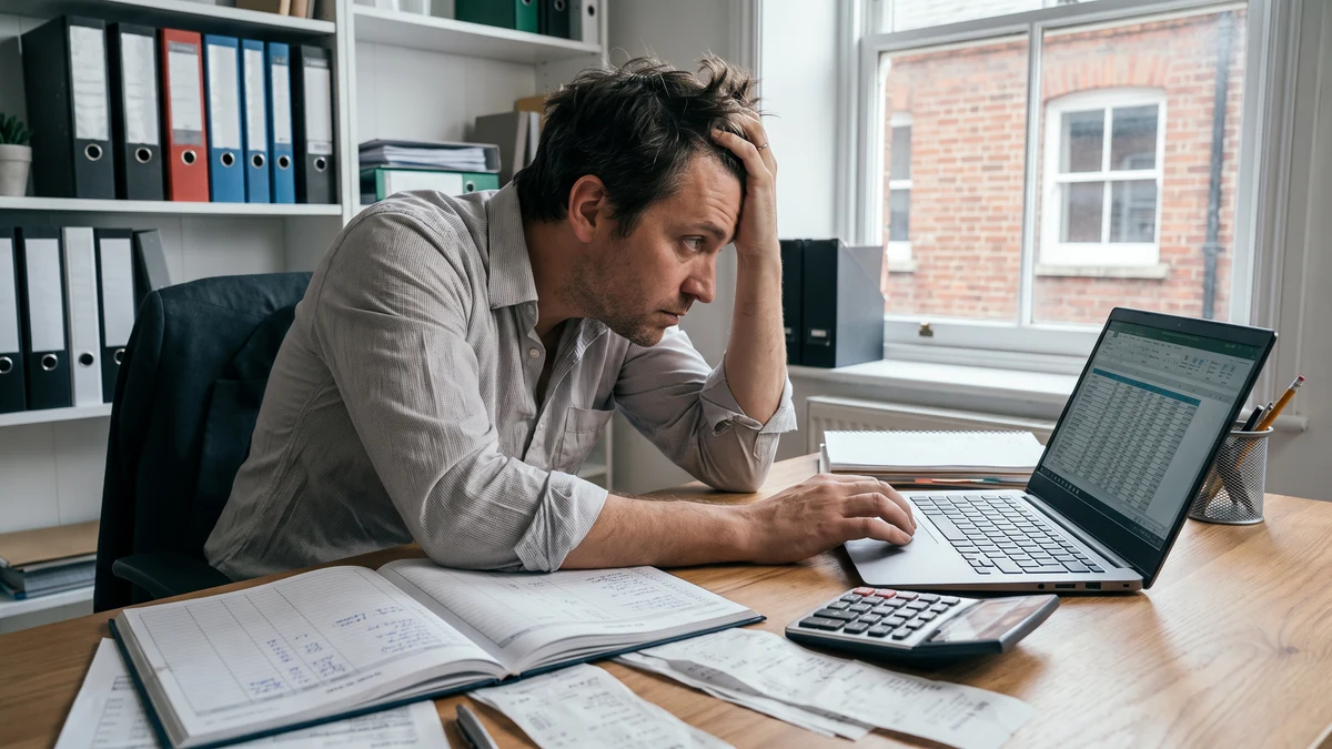 Stressed small business owner with head in hand reviewing financial spreadsheet on laptop, calculator and financial documents spread across desk in small office