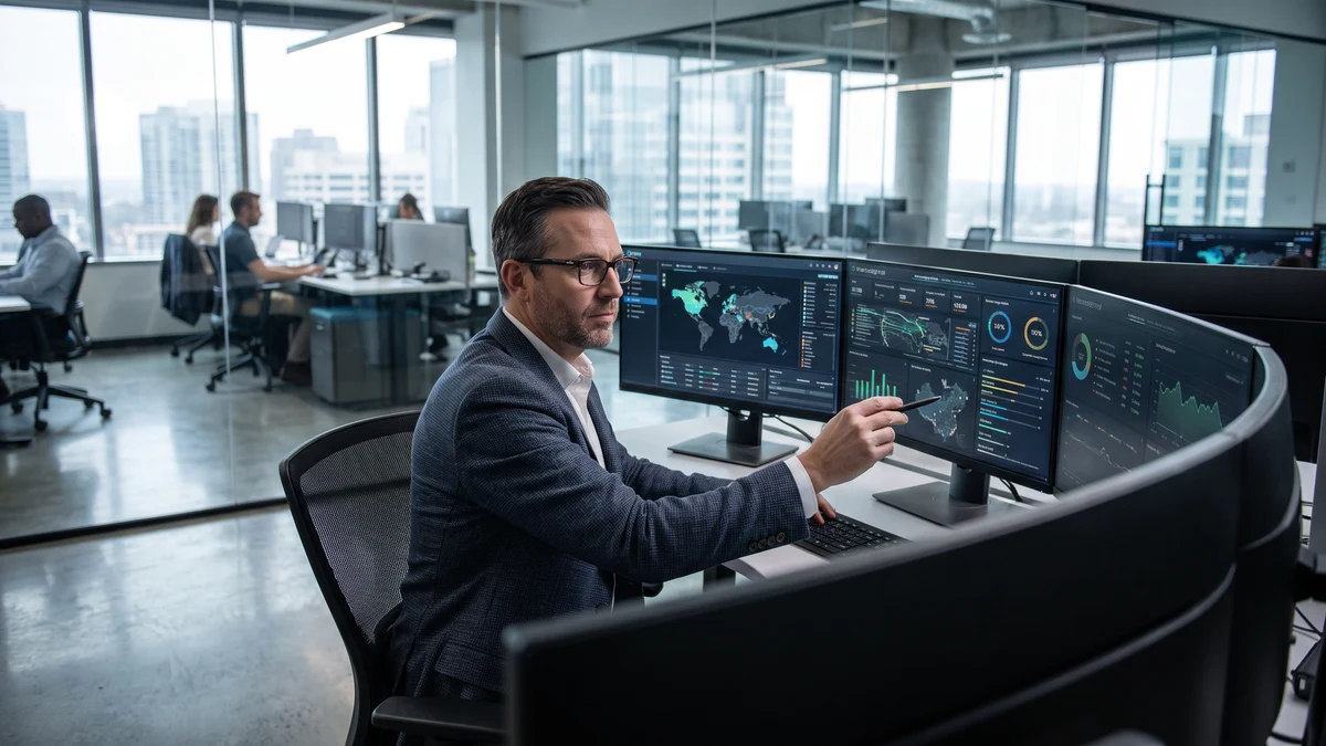 Male security analyst with glasses at a curved multi-monitor workstation showing global threat maps and security dashboards in a modern glass-walled office with city skyline visible