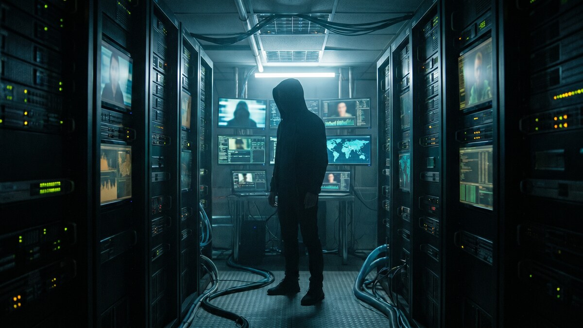 Shadowy figure in a server room surrounded by screens showing personal data profiles — representing data brokers collecting and selling personal information