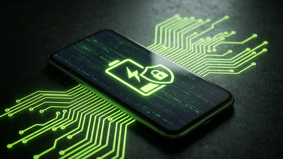 Smartphone with VPN shield and battery icon on dark circuit board background