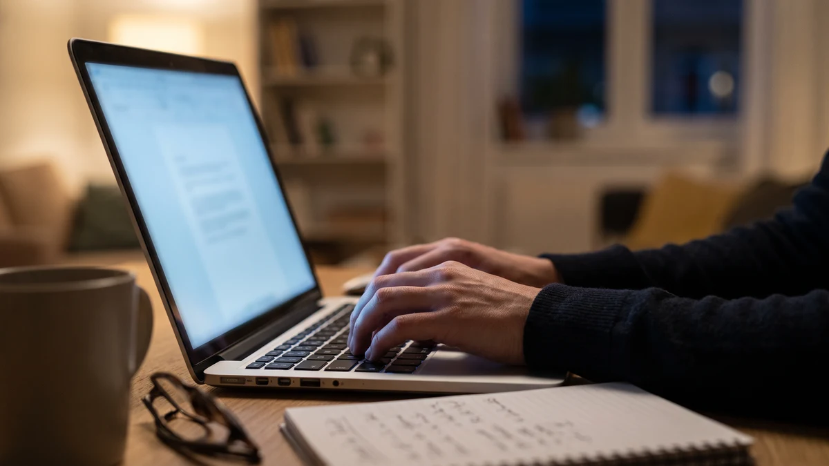 Person typing on laptop in dimly lit home environment at night