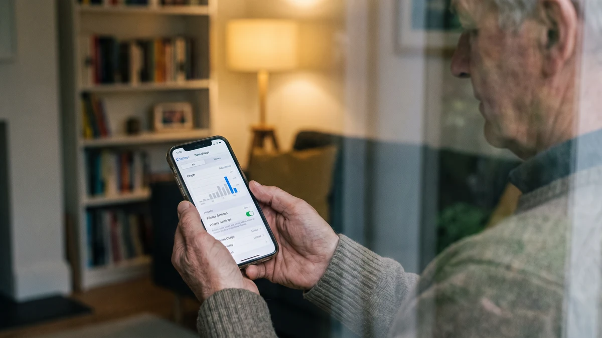Person holding an iPhone showing data usage and privacy settings screen in a warmly lit home library, viewed from over the shoulder