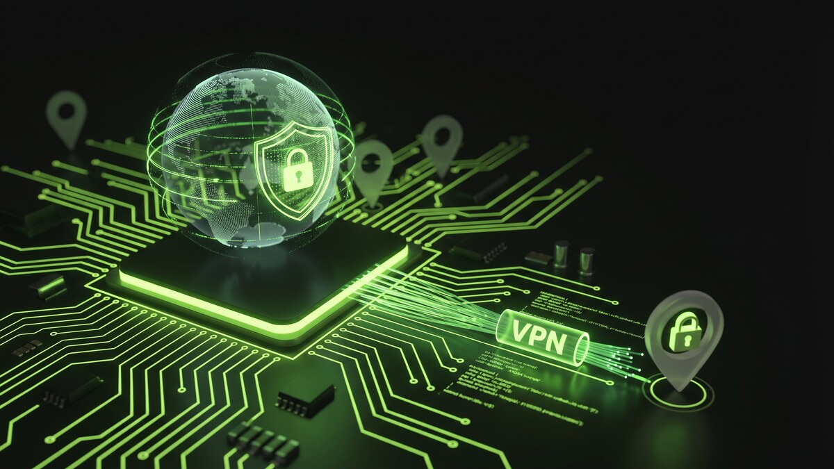 Digital globe with green security shield above a circuit board with location pins and encrypted VPN data tunnel