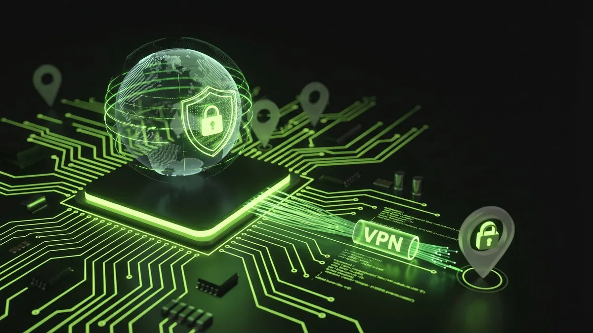 Digital globe with green security shield above a circuit board with location pins and encrypted VPN data tunnel